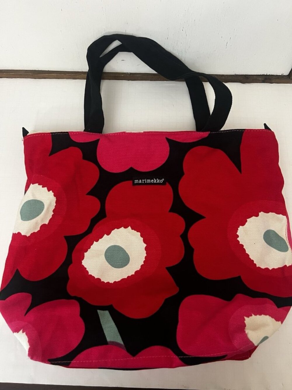 Marimekko Flower Pattern Canvas Cotton Tote Bag Red Unikko